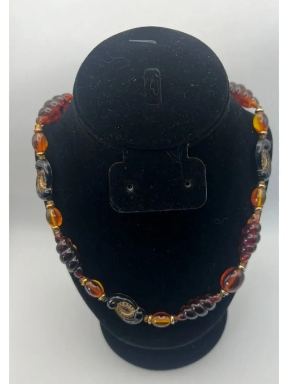 Vintage Art Glass Bead Necklace Amber Black Gold Medallion Lampwork Style